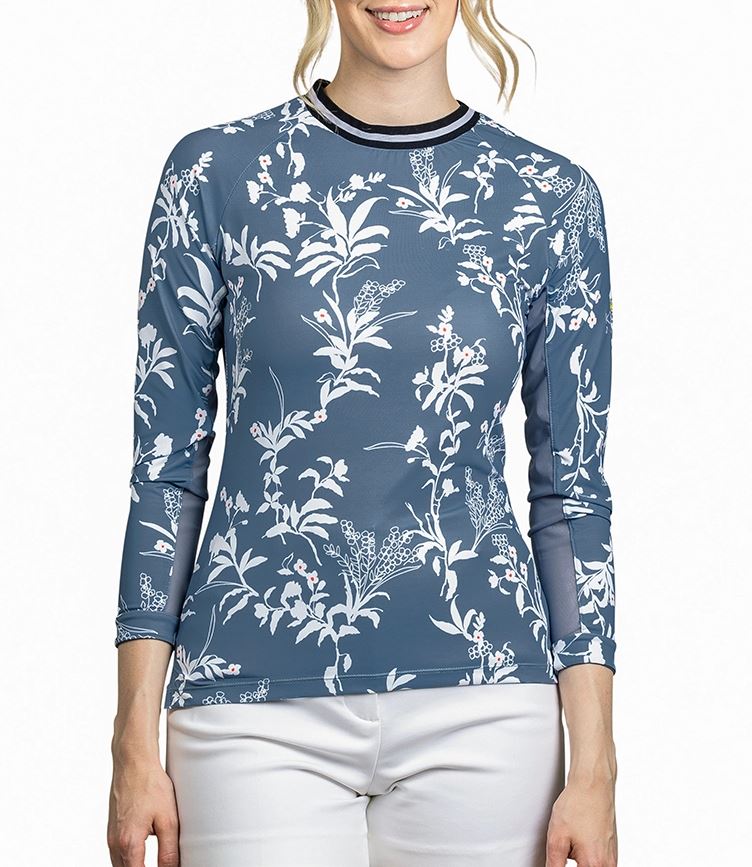 Long Sleeve Denim Blue White Floral Crew Neck with Trim